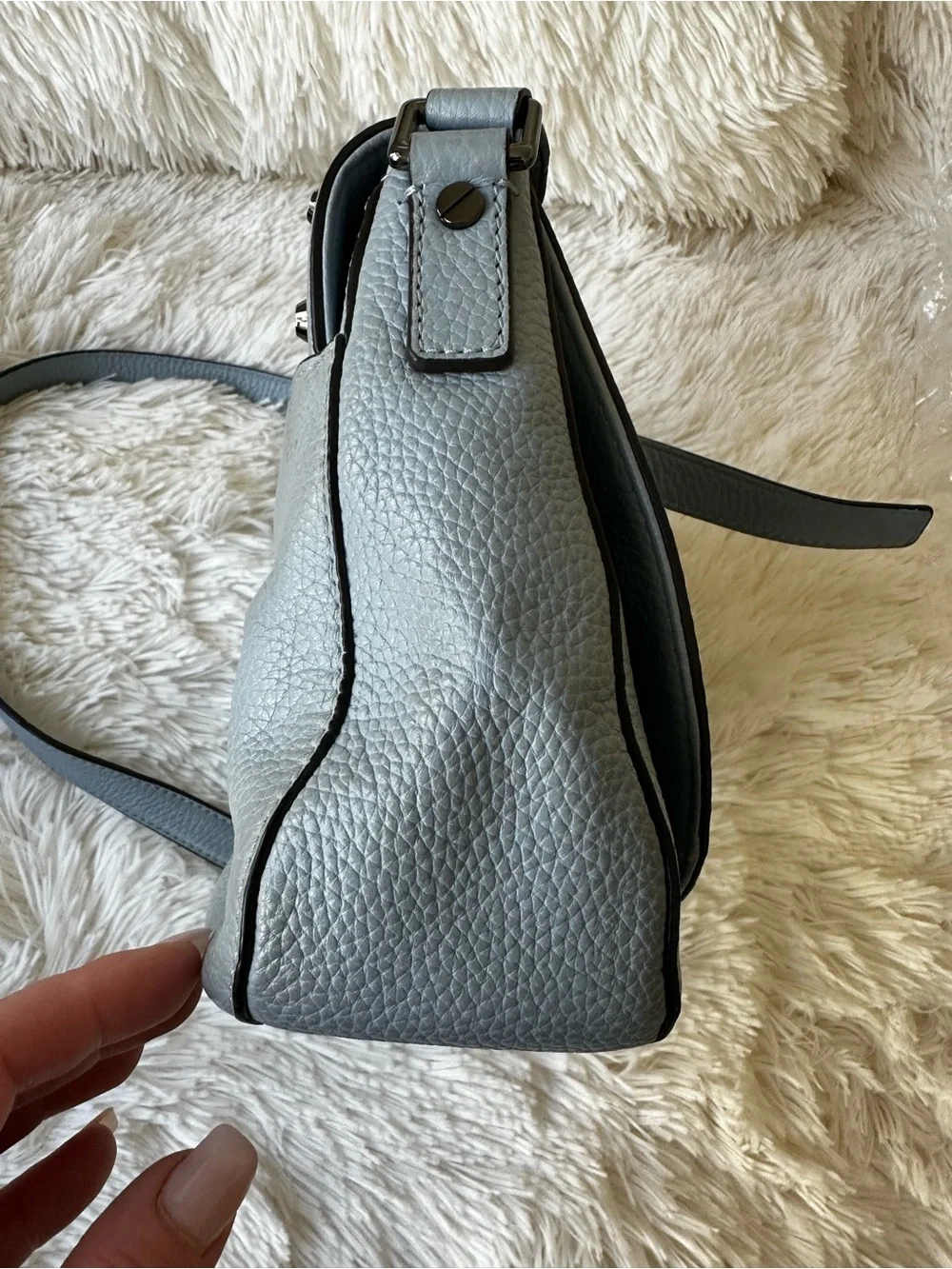 Michael Kors Blue Pebbled Leather Studded Saddle Crossbody Bag Messenger Purse
